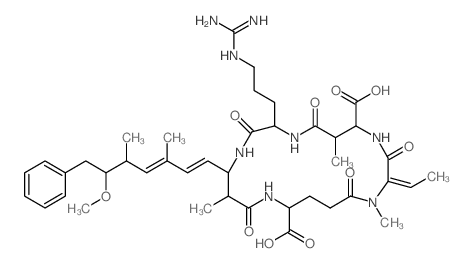 structure of CAS# 118399-22-7, Nodularin;(2E)-2-Ethylidene-9-(3-Guanidinopropyl)-12-[(1E,3E)-6-Methoxy-3,5-Dimethyl-7-Phenyl-Hepta-1,3-Dienyl]-1,6,13-Trimethyl-3,7,10,14,19-Pentaoxo-1,4,8,11,15-Pentazacyclononadecane-5,16-Dicarboxylic Acid;(2E)-2-Ethylidene-9-(3-Guanidinopropyl)-12-[(1E,3E)-6-Methoxy-3,5-Dimethyl-7-Phenylhepta-1,3-Dienyl]-1,6,13-Trimethyl-3,7,10,14,19-Pentaoxo-1,4,8,11,15-Pentazacyclononadecane-5,16-Dicarboxylic Acid;(2E)-2-Ethylidene-9-(3-Guanidinopropyl)-3,7,10,14,19-Pentaketo-12-[(1E,3E)-6-Methoxy-3,5-Dimethyl-7-Phenyl-Hepta-1,3-Dienyl]-1,6,13-Trimethyl-1,4,8,11,15-Pentazacyclononadecane-5,16-Dicarboxylic Acid