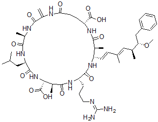 CAS#: 134842-07-2， (5R,8R,11R,12S,15S,18S,19S,22R)-15-[3-(Diaminomethylideneamino)Propyl]-18-[(1E,3E,5S,6S)-6-Methoxy-3,5-Dimethyl-7-Phenylhepta-1,3-Dienyl]-5,12,19-Trimethyl-2-Methylidene-8-(2-Methylpropyl)-3,6,9,13,16,20,25-Heptaoxo-1,4,7,10,14,17,21-Heptazacyclopentacosane-11,22-Dicarboxylic Acid