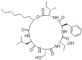 CAS#: 140909-80-4， (3S,6R,12S,15R)-3-[(2S)-Butan-2-Yl]-19-Heptyl-9-(1-Hydroxyethyl)-12-(Hydroxymethyl)-15-(2-Methylpropyl)-6-(Phenylmethyl)-1-Oxa-4,7,10,13,16-Pentazacyclononadecane-2,5,8,11,14,17-Hexone