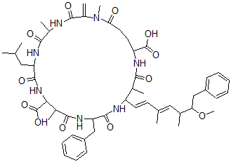 structure of CAS# 154037-70-4, 18-[(1E,3E)-6-Methoxy-3,5-Dimethyl-7-Phenylhepta-1,3-Dienyl]-1,5,12,19-Tetramethyl-2-Methylidene-8-(2-Methylpropyl)-3,6,9,13,16,20,25-Heptaoxo-15-(Phenylmethyl)-1,4,7,10,14,17,21-Heptazacyclopentacosane-11,22-Dicarboxylic Acid;8-Isobutyl-18-[(1E,3E)-6-Methoxy-3,5-Dimethyl-7-Phenyl-Hepta-1,3-Dienyl]-1,5,12,19-Tetramethyl-2-Methylene-3,6,9,13,16,20,25-Heptaoxo-15-(Phenylmethyl)-1,4,7,10,14,17,21-Heptazacyclopentacosane-11,22-Dicarboxylic Acid;8-Isobutyl-18-[(1E,3E)-6-Methoxy-3,5-Dimethyl-7-Phenylhepta-1,3-Dienyl]-1,5,12,19-Tetramethyl-2-Methylene-3,6,9,13,16,20,25-Heptaoxo-15-(Phenylmethyl)-1,4,7,10,14,17,21-Heptazacyclopentacosane-11,22-Dicarboxylic Acid;15-(Benzyl)-8-Isobutyl-3,6,9,13,16,20,25-Heptaketo-18-[(1E,3E)-6-Methoxy-3,5-Dimethyl-7-Phenyl-Hepta-1,3-Dienyl]-1,5,12,19-Tetramethyl-2-Methylene-1,4,7,10,14,17,21-Heptazacyclopentacosane-11,22-Dicarboxylic Acid