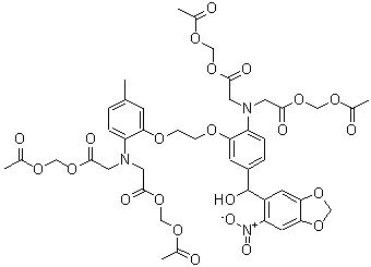 structure of CAS# 209161-73-9, Acetoxymethyl ([2-(Acetoxymethoxy)-2-Oxoethyl]{2-[2-(2-{Bis[2-(Acetoxymethoxy)-2-Oxoethyl]Amino}-5-[Hydroxy(6-Nitro-1,3-Benzodioxol-5-Yl)Methyl]Phenoxy)Ethoxy]-4-Methylphenyl}Amino)Acetate;Nitr 5 tetrakis(acetoxymethyl ester);Nitr 5/AM;NITR5/AM