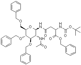 structure of CAS# 219968-28-2, Benzyl 4-({(2R,3R,4R,5S,6R)-3-Acetamido-4,5-Bis(Benzyloxy)-6-[(Benzyloxy)Methyl]Tetrahydro-2H-Pyran-2-Yl}Amino)-2-({[(2-Methyl-2-Propanyl)Oxy]Carbonyl}Amino)-4-Oxobutanoate;