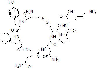 CAS 登录号：32472-43-8， (2S)-6-氨基-2-[[1-[(4R,7S,10S,13S,16S,19R)-19-氨基-7-(2-氨基-2-氧代乙基)-10-(3-氨基-3-氧代丙基)-16-[(4-羟基苯基)甲基]-6,9,12,15,18-五氧代-13-(苯基甲基)1,2-二硫杂-5,8,11,14,17-五氮杂环二十烷-4-羰基]吡咯烷-2-羰基]氨基]己酸