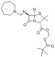 structure of CAS# 32886-97-8, Pivmecillinam;2,2-Dimethylpropanoyloxymethyl (5R,6R)-6-(Azepan-1-Ylmethyleneamino)-3,3-Dimethyl-7-Oxo-4-Thia-1-Azabicyclo[3.2.0]Heptane-2-Carboxylate;(5R,6R)-6-(1-Azepanylmethyleneamino)-3,3-Dimethyl-7-Oxo-4-Thia-1-Azabicyclo[3.2.0]Heptane-2-Carboxylic Acid (2,2-Dimethyl-1-Oxopropoxy)Methyl Ester;(5R,6R)-6-(Azepan-1-Ylmethyleneamino)-7-Keto-3,3-Dimethyl-4-Thia-1-Azabicyclo[3.2.0]Heptane-2-Carboxylic Acid Pivaloyloxymethyl Ester