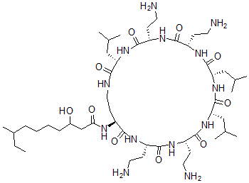CAS#: 39342-08-0， 3-Hydroxy-8-Methyl-N-[(3S,6S,9S,12S,15S,18S,21S,24S)-6,9,18,21-Tetrakis(2-Aminoethyl)-3,12,15-Tris(2-Methylpropyl)-2,5,8,11,14,17,20,23-Octaoxo-1,4,7,10,13,16,19,22-Octazacyclohexacos-24-Yl]Decanamide