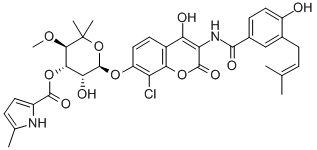 CAS#: 39868-96-7， [(3R,4S,5R,6S)-6-[8-Chloro-2-Hydroxy-3-[[4-Hydroxy-3-(3-Methylbut-2-Enyl)Benzoyl]Amino]-4-Oxochromen-7-Yl]Oxy-5-Hydroxy-3-Methoxy-2,2-Dimethyloxan-4-Yl] 5-Methyl-1H-Pyrrole-2-Carboxylate