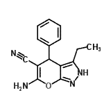 structure of CAS# 444790-63-0, 6-Amino-3-Ethyl-4-Phenyl-2,4-Dihydropyrano[2,3-c]Pyrazole-5-Carbonitrile;6-Amino-3<wbr>-ethyl-4-<wbr>phenyl-1,<wbr>4-dihydro<wbr>pyrano-[2<wbr>,3-c]pyra<wbr>zole-5-ca<wbr>rbonitrile;6-amino-3<wbr>-ethyl-4-<wbr>phenyl-4H<wbr>-pyrano[3<wbr>,2-d]pyra<wbr>zole-5-ca<wbr>rbonitrile;MFCD02946264