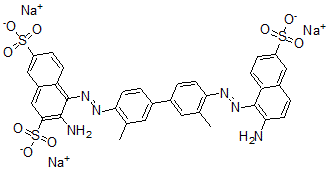 CAS 登录号：574-65-2， 3-氨基-4-((4'-((2-氨基-6-磺基-1-萘基)偶氮)-3,3'-二甲基(1,1'-联苯)-4-基)偶氮)-2,7-萘二磺酸三钠盐