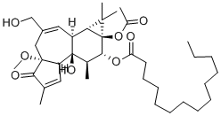 structure of CAS# 57716-89-9, 4-O-Methylphorbol 12-myristate 13-acetate;Tetradecanoic Acid, (1Ar,1Bs,4Ar,7As,7Bs,8R,9R,9As)-9A-(Acetyloxy)-1A,1B,4,4A,5,7A,7B,8,9,9A-Decahydro-7B-Hydroxy-3-(Hydroxymethyl)-4A-Methoxy-1,1,6,8-Tetramethyl-5-Oxo-1H-Cyclopropa[3,4]Benz[1,2-E]Azulen-9-Yl Ester;Nsc262645;Phorbol-13-Acetate,-4-O-Methyl-12-Tetradecanoyl-
