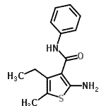 structure of CAS# 590353-67-6, 2-Amino-4-Ethyl-5-Methyl-N-Phenyl-3-Thiophenecarboxamide;(2-amino-4-ethyl-5-methyl(3-thienyl))-N-benzamide;2-Amino-4<wbr>-bromomet<wbr>hyl-5-dim<wbr>ethylcarb<wbr>amoyl-thi<wbr>ophene-3-<wbr>carboxyli<wbr>c acid et<wbr>hyl ester;2-amino-4-ethyl-5-methyl-N-phenyl-3-thiophenecarboxamide