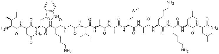structure of CAS# 72093-22-2, Mast Cell Degranulatingpeptide (Vespa Xanthoptera);(2S)-N-[(1S)-2-[[(1S)-5-Amino-1-[[2-[[(2S)-1-[[(1S)-2-[[(1S)-2-[[(1S)-1-[[(1S)-2-[[(1S)-5-Amino-1-[[(1S)-5-Amino-1-[[(1S)-1-[[(1S)-1-Carbamoyl-3-Methyl-Butyl]Carbamoyl]-3-Methyl-Butyl]Carbamoyl]Pentyl]Carbamoyl]Pentyl]Amino]-2-Keto-1-Methyl-Ethyl]Carbamoyl]-3-(Methylthio)Propyl]Amino]-2-Keto-1-Methyl-Ethyl]Amino]-2-Keto-1-Methyl-Ethyl]Carbamoyl]-2-Methyl-Butyl]Amino]-2-Keto-Ethyl]Carbamoyl]Pentyl]Amino]-1-(1H-Indol-3-Ylmethyl)-2-Keto-Ethyl]-2-[[(2S,3S)-2-Amino-3-Methyl-Pentanoyl]Amino]Succinamide;Mastoparan X;Mast Cell Degranulating Peptide (Vespula Lewisii), 3-L-Tryptophan-5-Glycine-6-L-Isoleucine-9-L-Methionine-13-L-Leucine-