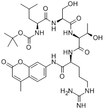 structure of CAS# 73554-93-5, Boc-leucyl-seryl-threonyl-arginine-4-methylcoumaryl-7-amide;Tert-Butyl N-[(1S)-1-[[(1S)-2-[[(1S,2R)-1-[[(2S)-5-Guanidino-2-[(4-Methyl-2-Oxo-Chromen-7-Yl)Amino]Pentanoyl]Carbamoyl]-2-Hydroxy-Propyl]Amino]-1-(Hydroxymethyl)-2-Oxo-Ethyl]Carbamoyl]-3-Methyl-Butyl]Carbamate;N-[(1S)-1-[[[(1S)-2-[[(1S,2R)-1-[[[(2S)-5-Guanidino-2-[(4-Methyl-2-Oxo-7-Chromenyl)Amino]-1-Oxopentyl]Amino]-Oxomethyl]-2-Hydroxypropyl]Amino]-1-(Hydroxymethyl)-2-Oxoethyl]Amino]-Oxomethyl]-3-Methylbutyl]Carbamic Acid Tert-Butyl Ester;N-[(1S)-1-[[(1S)-2-[[(1S,2R)-1-[[(2S)-5-Guanidino-2-[(2-Keto-4-Methyl-Chromen-7-Yl)Amino]Pentanoyl]Carbamoyl]-2-Hydroxy-Propyl]Amino]-2-Keto-1-Methylol-Ethyl]Carbamoyl]-3-Methyl-Butyl]Carbamic Acid Tert-Butyl Ester