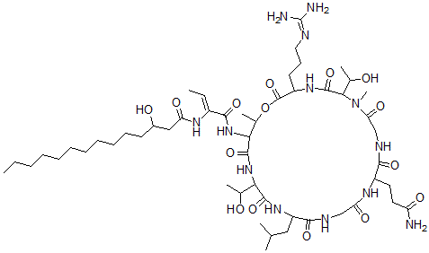 CAS#: 74188-24-2， N-[(Z)-1-[[12-(3-Amino-3-Oxopropyl)-3-[3-(Diaminomethylideneamino)Propyl]-6,21-Bis(1-Hydroxyethyl)-7,25-Dimethyl-18-(2-Methylpropyl)-2,5,8,11,14,17,20,23-Octaoxo-1-Oxa-4,7,10,13,16,19,22-Heptazacyclopentacos-24-Yl]Amino]-1-Oxobut-2-En-2-Yl]-3-Hydroxytetradecanamide