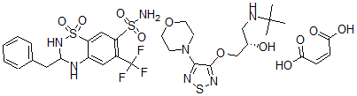 CAS#: 74335-22-1， 3,4-dihydro-3-(phenylmethyl)-6-(trifluoromethyl)-2H-1,2,4-Benzothiadiazine-7-sulfonamide 1,1-dioxide, mixt. with (S)-1-((1,1-dimethylethyl)amino)-3-((4-(4-morpholinyl)-1,2,5-thiadiazol-3-yl)oxy)-2-propanol (Z)-2-butenedioate