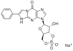structure of CAS# 78080-27-0, 3,4-Dihydro-6-Phenyl-3-(3,5-O-Phosphinico-beta-D-Ribofuranosyl)-9H-Imidazo[1,2-a]Purin-9-One;?Phenyl-1,N?Ethenoguanosine-3’,5’-Cyclicmonophosphate(Pet-Cgmp),Sodiumsalt;BETA-PHENYL-1,N2-ETHENOGUANOSINE-3',5'-CYCLIC MONOPHOSPHATE SODIUM SALT;BETA-PHENYL-1,N2-ETHENOGUANOSINE-3',5'-MONOPHOSPHATE SODIUM SALT
