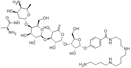 CAS#: 78213-56-6， 4-[4-[4-[5-[5-Amino-3-(2-Aminopropanoylamino)-4-Hydroxy-6-Methyloxan-2-Yl]Oxy-3,4-Dihydroxy-6-(Hydroxymethyl)Oxan-2-Yl]Oxy-3,5-Dihydroxy-6-Methylideneoxan-2-Yl]Oxy-3-Hydroxy-5-(Hydroxymethyl)Oxolan-2-Yl]Oxy-N-[3-[4-(4-Aminobutylamino)Butylamino]Propyl]Benzamide