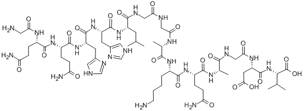 structure of CAS# 80755-86-8, Fibrinogen gamma-Chain (397-411);H-GLY-GLN-GLN-HIS-HIS-LEU-GLY-GLY-ALA-LYS-GLN-ALA-GLY-ASP-VAL-OH;GLY-GLN-GLN-HIS-HIS-LEU-GLY-GLY-ALA-LYS-GLN-ALA-GLY-ASP-VAL;FIBRINOGEN GAMMA-CHAIN (397-411)