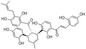 CAS#: 81381-68-2， (2E)-1-(3-((1S,5R,6S)-6-(2,4-Dihydroxy-3-(3-Methyl-2-Butenyl)Benzoyl)-5-(2,4-Dihydroxyphenyl)-3-Methyl-2-Cyclohexen-1-Yl)-2,4-Dihydroxyphenyl)-3-(2,4-Dihydroxyphenyl)-2-Propen-1-One 