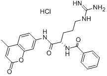 structure of CAS# 83701-04-6, N-alpha-Benzoyl-L-Arginine 7-Amido-4-Methylcoumarin Hydrochloride;NA-BENZOYL-L-ARGININE 7-AMIDO-4-METHYL-C OUMARIN HC;Na-Benzoyl-L-Arginine 7-Amido-4-*Methyl-Coumarin;BZ-ARG-MCA(HYDROCHLORIDE FORM)