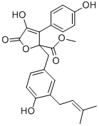 structure of CAS# 87414-49-1, [4-Hydroxy-3-(3-methylbut-2-enyl)phenyl]methyl (2R)-4-hydroxy-3-(4-hydroxyphenyl)-2-methyl-5-oxofuran-2-carboxylate;[4-Hydroxy-3-(3-Methylbut-2-Enyl)Phenyl]Methyl (2R)-4-Hydroxy-3-(4-Hydroxyphenyl)-2-Methyl-5-Oxo-Furan-2-Carboxylate;(2R)-4-Hydroxy-3-(4-Hydroxyphenyl)-2-Methyl-5-Oxo-2-Furancarboxylic Acid [4-Hydroxy-3-(3-Methylbut-2-Enyl)Phenyl]Methyl Ester;(2R)-4-Hydroxy-3-(4-Hydroxyphenyl)-5-Keto-2-Methyl-Furan-2-Carboxylic Acid [4-Hydroxy-3-(3-Methylbut-2-Enyl)Benzyl] Ester