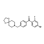 structure of CAS# 898758-16-2, (4-Bromo-2-fluorophenyl)[4-(1,4-dioxa-8-azaspiro[4.5]dec-8-ylmethyl)phenyl]methanone;4-bromo-4<wbr>'-[8-(1,4<wbr>-dioxa-8-<wbr>azaspiro[<wbr>4.5]decyl<wbr>)methyl]-<wbr>2-fluorob<wbr>enzopheno<wbr>ne