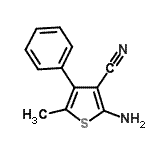 structure of CAS# 99011-93-5, 2-Amino-5-methyl-4-phenyl-3-thiophenecarbonitrile;2-amino-5-methyl-4-phenyl-3-thiophenecarbonitrile;2-Amino-5-methyl-4-phenylthiophene-3-carbonitrile;MFCD02177145
