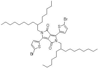 结构式 CAS# 1000623-98-2, 3,6-二(5-溴-2-噻吩基)-2,5-二(2-己基癸基)-2,5-二氢吡咯并[3,4-c]吡咯-1,4-二酮