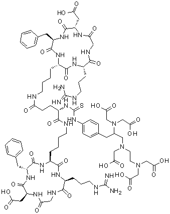 5,5'-[N-[[[4-[2-[Bis(carboxymethyl)amino]-3-[[2-[bis(carboxymethyl)amino]ethyl](carboxymethyl)amino]propyl]phenyl]amino]thioxomethyl]-L-glutamoyl]bis[cyclo(L-arginylglycyl-L-alpha-aspartyl-D-phenylalanyl-L-lysyl)] molecular structure (CAS 1004322-97-7)