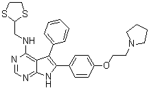 结构式 CAS# 1026493-77-5, N-(1,3-二硫杂环戊烷-2-基甲基)-5-苯基-6-[4-[2-(1-吡咯烷基)乙氧基]苯基]-7H-吡咯并[2,3-d]嘧啶-4-胺