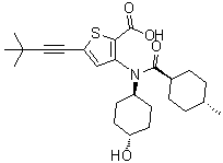 structure of CAS# 1026785-55-6, Lomibuvir;5-(3,3-Dimethyl-1-butynyl)-3-[(trans-4-hydroxycyclohexyl)[(trans-4-methylcyclohexyl)carbonyl]amino]thiophene-2-carboxylic acid; VCH 222; VX 222