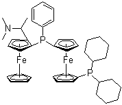 structure of CAS# 1036373-39-3, 1-(Dicyclohexylphosphino)-1'-[(R)-[(1S)-2-[(1S)-1-(dimethylamino)ethyl]ferrocenyl]phenylphosphino]ferrocene