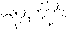 结构式 CAS# 103980-44-5, 头孢噻呋盐酸盐; (6R,7R)-7-[2-(2-氨基噻唑-4-基)(甲氧基亚胺基)乙酰胺基]-3-[(2-呋喃基羰基)硫甲基]-8-氧代-5-硫杂-1-氮杂双环[4.2.0]辛-2-烯-2-甲酸盐酸盐