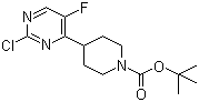 structure of CAS# 1053657-03-6, 4-(2-Chloro-5-fluoro-4-pyrimidinyl)-1-piperidinecarboxylic acid tert-butyl ester