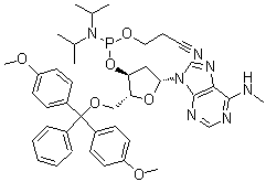 structure of CAS# 105931-58-6, 5'-O-[Bis(4-methoxyphenyl)phenylmethyl]-2'-deoxy-N-methyladenosine 3'-[2-cyanoethyl bis(1-methylethyl)phosphoramidite]