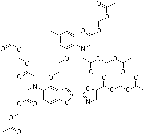 structure of CAS# 108964-32-5, Fura 2-AM;Fura-2 pentakis(acetoxymethyl) ester; 2-(6-(Bis(2-((acetyloxy)methoxy)-2-oxoethyl)amino)-5-(2-(2-(bis(2-((acetylxoy)methoxy)-2-oxoethyl)amino)-5-methylphenoxy)ethoxy)-2-benzofuranyl)-5-oxazolecarboxylic acid (acetyloxy)methyl ester