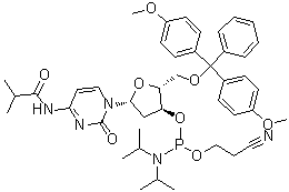 5'-O-[Bis(4-methoxyphenyl)phenylmethyl]-2'-deoxy-N-(2-methyl-1-oxopropyl)cytidine 3'-[2-cyanoethyl bis(1-methylethyl)phosphoramidite] molecular structure (CAS 110522-84-4)