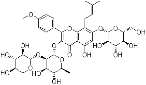 structure of CAS# 110623-73-9, Epmedin B;3-((6-Deoxy-2-O-beta-D-xylopyranosyl-alpha-L-mannopyranosyl)oxy)-7-(beta-D-glucopyranosyloxy)-5-hydroxy-2-(4-methoxyphenyl)-8-(3-methyl-2-butenyl)-4H-1-benzopyran-4-one