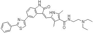 structure of CAS# 1129403-56-0, Amcasertib;N-[2-(Diethylamino)ethyl]-5-[[1,2-dihydro-2-oxo-5-(2-phenyl-4-thiazolyl)-3H-indol-3-ylidene]methyl]-2,4-dimethyl-1H-pyrrole-3-carboxamide; BBI 503