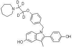 结构式 CAS# 1133695-49-4, 1-[[4-[2-(六氢-1H-氮杂卓-1-基)乙氧基-1,1,2,2-d<sub>4</sub>]苯基]甲基]-2-(4-羟基苯基)-3-甲基-1H-吲哚-5-醇