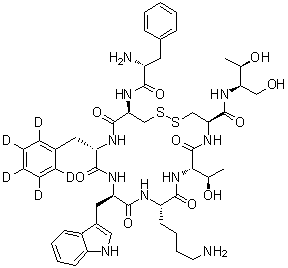 D-Phenylalanyl-L-cysteinyl-L-phenylalanyl-2,3,4,5,6-d<sub>5</sub>-D-tryptophyl-L-lysyl-L-threonyl-N-[(1R,2R)-2-hydroxy-1-(hydroxymethyl)propyl]-L-cysteinamide cyclic (2→7)-disulfide molecular structure (CAS 1134880-79-7)