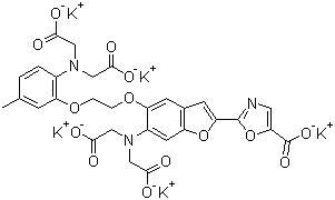 结构式 CAS# 113694-64-7, Fura 2 五钾盐; 2-[6-[双(羧甲基)氨基]-5-[2-[2-[双(羧甲基)氨基]-5-甲基苯氧基]乙氧基]-2-苯并呋喃基]-5-恶唑羧酸五钾盐