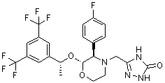 structure of CAS# 1148113-53-4, 5-[[(2R,3R)-2-[(1R)-1-[3,5-Bis(trifluoromethyl)phenyl]ethoxy]-3-(4-fluorophenyl)-4-morpholinyl]methyl]-1,2-dihydro-3H-1,2,4-triazol-3-one;Aprepitant Related Compound A