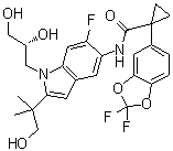 结构式 CAS# 1152311-62-0, 1-(2,2-二氟-1,3-苯并二氧戊环-5-基)-N-[1-[(2R)-2,3-二羟基丙基]-6-氟-2-(2-羟基-1,1-二甲基乙基)-1H-吲哚-5-基]-环丙烷甲酰胺