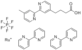 structure of CAS# 115239-59-3, Ruthenium(II) bis(2,2'-bipyridine)(4'-methyl-4-butanoate-2,2'-bipyridine) hexafluorophosphate;Ruthenium(1+), bis(2,2'-bipyridine-kappaN1,kappaN1')(4'-methyl[2,2'-bipyridine]-4-butanoato-kappaN1,kappaN1')-, (OC-6-33)-, hydrogen hexafluorophosphate(1-)