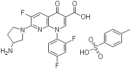结构式 CAS# 115964-29-9, 甲苯磺酸妥舒沙星; 甲苯磺酸托氟沙星; 7-(3-氨基吡咯烷-1-基)-1-(2,4-二氟苯基)-6-氟-4-氧代-1,8-萘啶-3-甲酸 4-甲基苯磺酸盐
