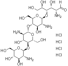 structure of CAS# 117399-50-5, O-2-Amino-2-deoxy-beta-D-glucopyranosyl-(1→4)-O-2-amino-2-deoxy-beta-D-glucopyranosyl-(1→4)-O-2-amino-2-deoxy-beta-D-glucopyranosyl-(1→4)-2-amino-2-deoxy-D-glucose tetrahydrochloride