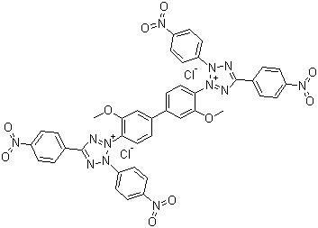 structure of CAS# 1184-43-6, Tetranitroblue tetrazolium chloride;3,3'-(3,3'-Dimethoxy[1,1'-biphenyl]-4,4'-diyl)bis[2,5-bis(p-nitrophenyl)-2H-tetrazolium] dichloride; TNBT