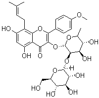 structure of CAS# 118525-35-2, Icariin A;Sagittatoside A; 3-[(6-Deoxy-2-O-beta-D-glucopyranosyl-alpha-L-mannopyranosyl)oxy]-5,7-dihydroxy-2-(4-methoxyphenyl)-8-(3-methyl-2-buten-1-yl)-4H-1-benzopyran-4-one