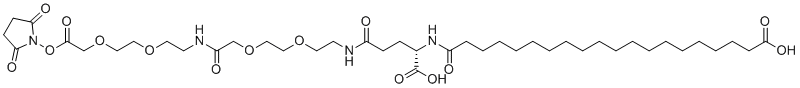 structure of CAS# 1188328-38-2, C20-GLU-AEEA-AEEA-OSU;19-((S)-1-Carboxy-3-{2-[2-({2-[2-(2,5-dioxo-pyrrolidin-1-yloxycarbonylmethoxy)ethoxy]ethyl-carbamoyl}methoxy)ethoxy]ethylcarbamoyl}propylcarbamoyl)nonadecanoic acid; 20-[[(1S)-1-carboxy-4-[2-[2-[2-[2-[2-[2-(2,5-dioxopyrrolidin-1-yl)oxy-2-oxoethoxy]ethoxy]ethylamino]-2-oxoethoxy]ethoxy]ethylamino]-4-oxobutyl]amino]-20-oxoicosanoic acid