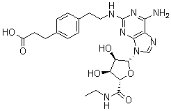 结构式 CAS# 120225-54-9, CGS 21680; 4-[2-[[6-氨基-9-(N-乙基-beta-D-呋喃核糖酰胺基)-9H-嘌呤-2-基]氨基]乙基]苯丙酸